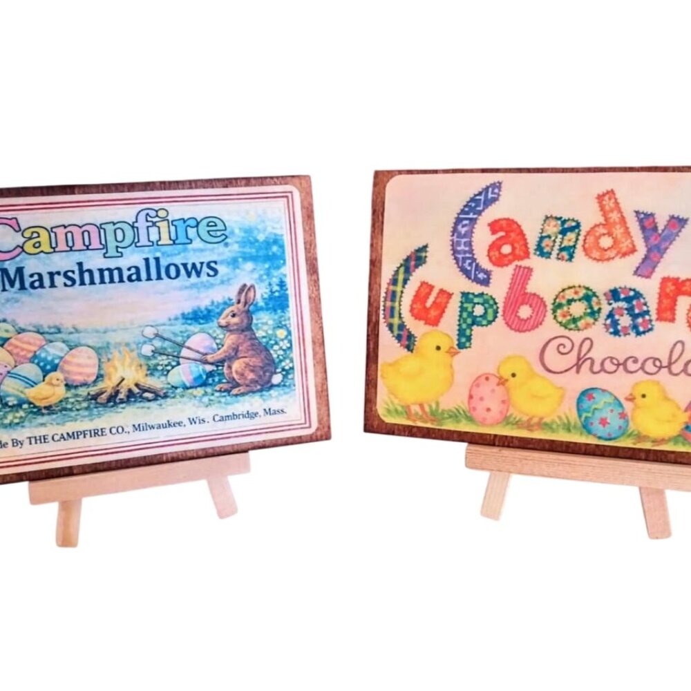 2 Pc Set 4X6 Handmade Vintage Inspired Wood Easter Candy Signs With Stands